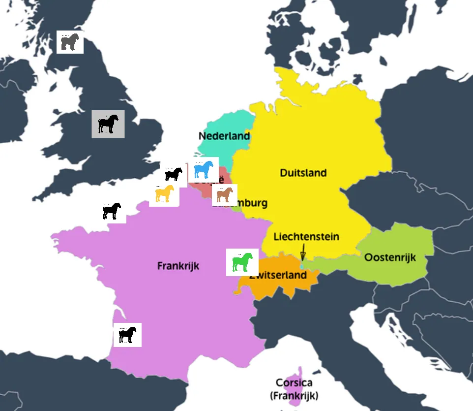 Kaart van Europa met de herkomst van enkele Franse trekpaardrassen