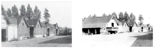 Het wagenhuys met de veulenstalletjes op Haras de Vollezeele